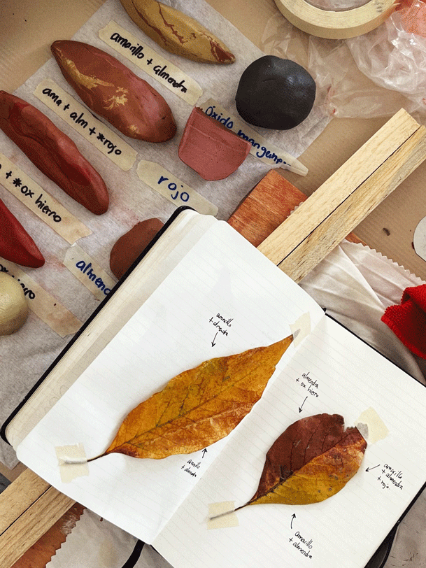 Cuaderno con bocetos y hojas secas pegadas, con bolas de arcilla pigmentada de fondo sobre una mesa.