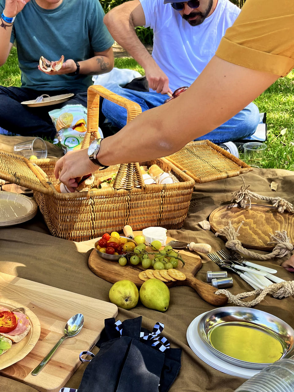 Platos de picnic con comida, una canasta y tablas de madera encima de un mantel sobre el pasto.